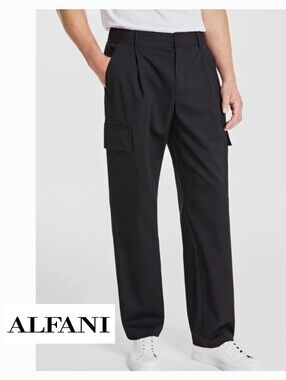 NWT Alfani Men's Refined Pleated Stretch Cargo Pants Deep Black Size 32X32